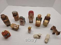 Vintage Hand Carved Wooden Folk Art Nativity Set12, H. R. Mittendorf Signed Dated