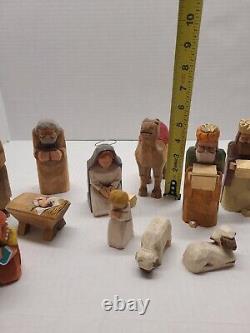 Vintage Hand Carved Wooden Folk Art Nativity Set12, H. R. Mittendorf Signed Dated