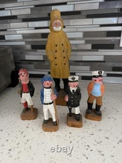 Vintage Hand Carved Wooden Folk Art Sea Captains Sailors Nautical Set of 4