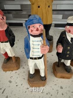 Vintage Hand Carved Wooden Folk Art Sea Captains Sailors Nautical Set of 4