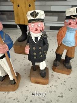 Vintage Hand Carved Wooden Folk Art Sea Captains Sailors Nautical Set of 4