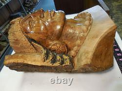 Vintage Hand Carved Wooden Indian Head-folk Art 14 X 9 X 8 Inches-nose Glued