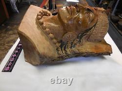 Vintage Hand Carved Wooden Indian Head-folk Art 14 X 9 X 8 Inches-nose Glued
