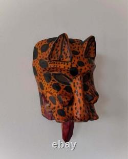 Vintage Hand Carved Wooden Jaguar Folk Art Mask Tongue Wall Sculpture