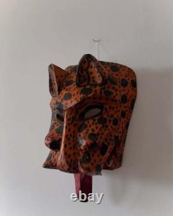 Vintage Hand Carved Wooden Jaguar Folk Art Mask Tongue Wall Sculpture