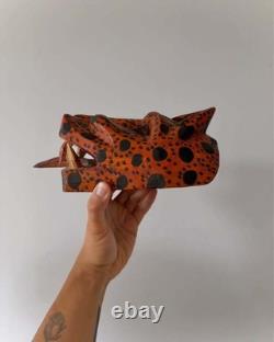 Vintage Hand Carved Wooden Jaguar Folk Art Mask Tongue Wall Sculpture