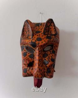 Vintage Hand Carved Wooden Jaguar Folk Art Mask Tongue Wall Sculpture