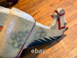 Vintage Hand-Carved Wooden Rocking Horse Folk Art Toy with Original Paint & Saddle