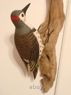 Vintage Hand Carved Woodpecker Art Sculpture Artist Signed Walter T. Powell