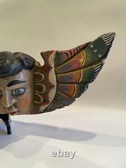 Vintage Hand Carved and Painted Mexican Folk Art Two Headed Cherub Wall Art