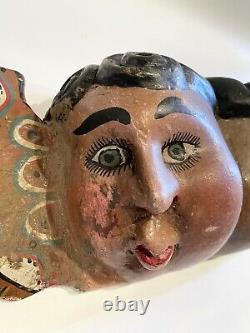 Vintage Hand Carved and Painted Mexican Folk Art Two Headed Cherub Wall Art