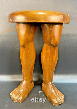 Vintage Hand Carved wood folk art legs/feet stool RARE 17in. By 12in