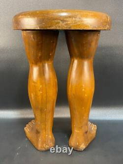 Vintage Hand Carved wood folk art legs/feet stool RARE 17in. By 12in