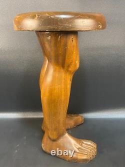 Vintage Hand Carved wood folk art legs/feet stool RARE 17in. By 12in