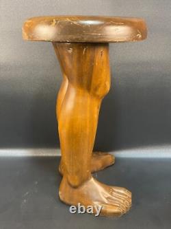 Vintage Hand Carved wood folk art legs/feet stool RARE 17in. By 12in