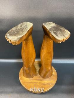 Vintage Hand Carved wood folk art legs/feet stool RARE 17in. By 12in