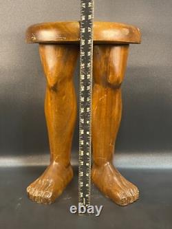 Vintage Hand Carved wood folk art legs/feet stool RARE 17in. By 12in