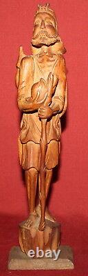 Vintage Hand Carving Wood Statuette man with stick and shield