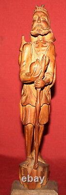 Vintage Hand Carving Wood Statuette man with stick and shield