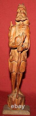 Vintage Hand Carving Wood Statuette man with stick and shield