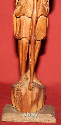 Vintage Hand Carving Wood Statuette man with stick and shield