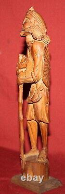 Vintage Hand Carving Wood Statuette man with stick and shield