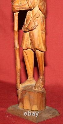 Vintage Hand Carving Wood Statuette man with stick and shield