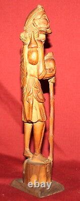 Vintage Hand Carving Wood Statuette man with stick and shield