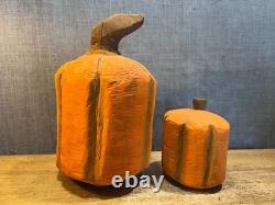 Vintage Hand Made & Painted Carved Wooden Pumpkins Folk Art 1 of a Kind Unique