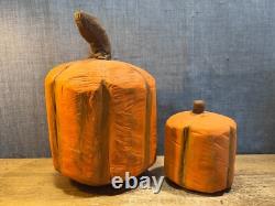 Vintage Hand Made & Painted Carved Wooden Pumpkins Folk Art 1 of a Kind Unique