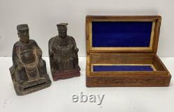 Vintage Handcrafted Wood Sculptures 2 Seated Figures with Inlayed Wood Box