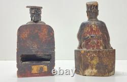 Vintage Handcrafted Wood Sculptures 2 Seated Figures with Inlayed Wood Box