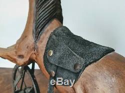 Vintage Horse Toy Bike Solid Wood Leather Horsehair Tail Hand Carved Folk Art