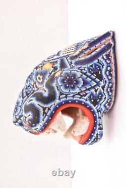 Vintage Huichol Beaded Jaguar Head Carved Wood Mexican Folk Art Sculpture 7