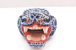 Vintage Huichol Beaded Jaguar Head Carved Wood Mexican Folk Art Sculpture 7