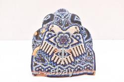 Vintage Huichol Beaded Jaguar Head Carved Wood Mexican Folk Art Sculpture 7