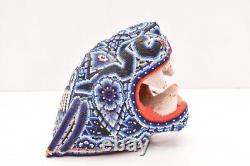 Vintage Huichol Beaded Jaguar Head Carved Wood Mexican Folk Art Sculpture 7