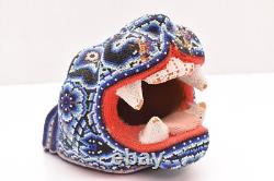Vintage Huichol Beaded Jaguar Head Carved Wood Mexican Folk Art Sculpture 7