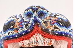 Vintage Huichol Beaded Jaguar Head Carved Wood Mexican Folk Art Sculpture 7