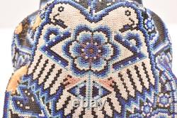 Vintage Huichol Beaded Jaguar Head Carved Wood Mexican Folk Art Sculpture 7