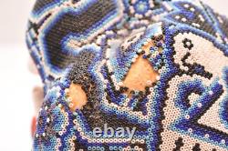 Vintage Huichol Beaded Jaguar Head Carved Wood Mexican Folk Art Sculpture 7