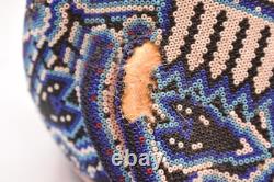 Vintage Huichol Beaded Jaguar Head Carved Wood Mexican Folk Art Sculpture 7
