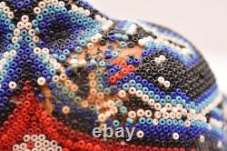 Vintage Huichol Beaded Jaguar Head Carved Wood Mexican Folk Art Sculpture 7