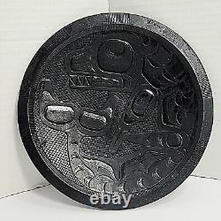 Vintage Inuit Canadian Hand Carved Black Wooden Folk Art Plate
