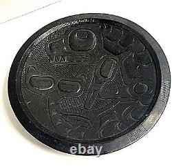 Vintage Inuit Canadian Hand Carved Black Wooden Folk Art Plate