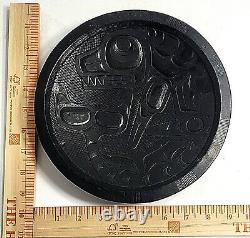 Vintage Inuit Canadian Hand Carved Black Wooden Folk Art Plate