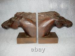 Vintage J Pinal Signed Hand Carved Wooden Horse head Bookends Mexican Folk Art