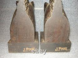 Vintage J Pinal Signed Hand Carved Wooden Horse head Bookends Mexican Folk Art