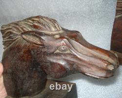 Vintage J Pinal Signed Hand Carved Wooden Horse head Bookends Mexican Folk Art