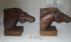 Vintage J Pinal Signed Hand Carved Wooden Horse head Bookends Mexican Folk Art
